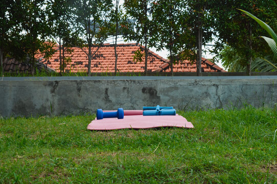 A straight eye-level shot captures a pink exercise mat laid flat on a green park lawn with a blue body trimmer tool and a three kilogram dumbbell placed neatly on top.