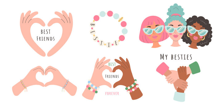 Best friends vector set hands heart with best frends, bestie bracelet, three hands holding wrists, black and white hands making heart with BFF, three diverse girlfriends My besties