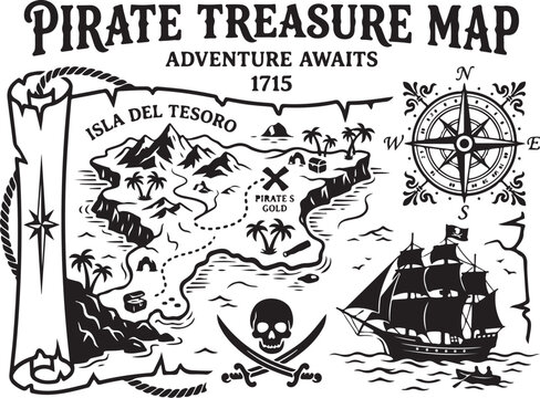 Pirate treasure map, vintage navigation chart, adventure illustration, black and white
