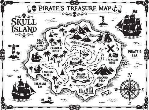 Pirate treasure map, vintage skull island, black and white illustration, navigation chart