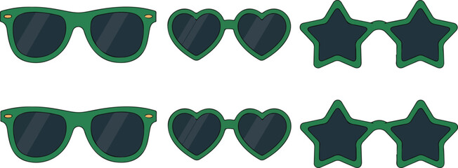 Green fashion sunglasses vector illustration collection featuring classic heart and star shaped frames for summer party design themes © israena
