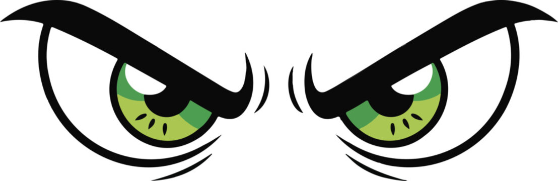 Angry cartoon eyes vector illustration featuring intense furrowed eyebrows and green irises looking forward on a white background