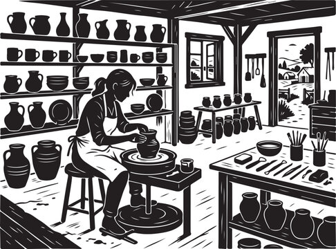Pottery workshop, ceramic studio, black and white illustration, pottery making scene