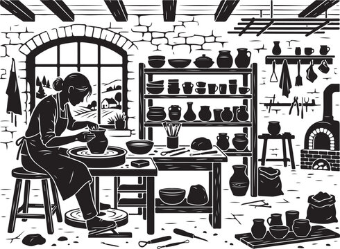Pottery workshop, ceramic studio, black and white illustration, vector artwork