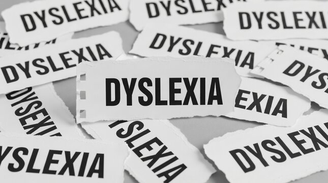 Many pieces of torn paper with word dyslexia, highlighting learning disability, reading difficulty, and neurological condition impacting education.