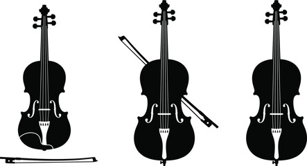 Violin silhouette collection with bow isolated on background for classical music orchestra performance and musical instrument design concept © Liton