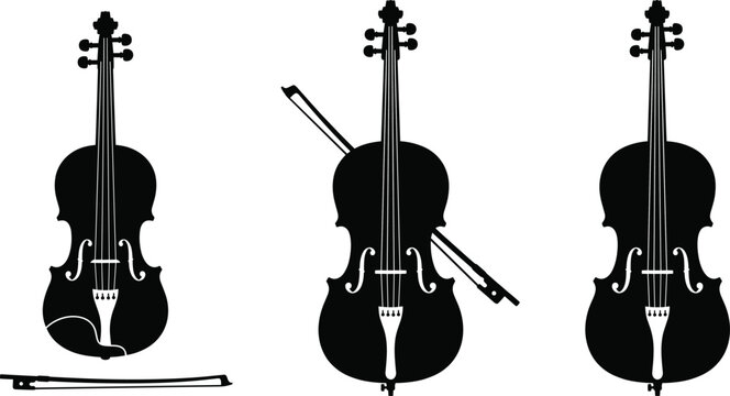 Violin silhouette collection with bow isolated on background for classical music orchestra performance and musical instrument design concept