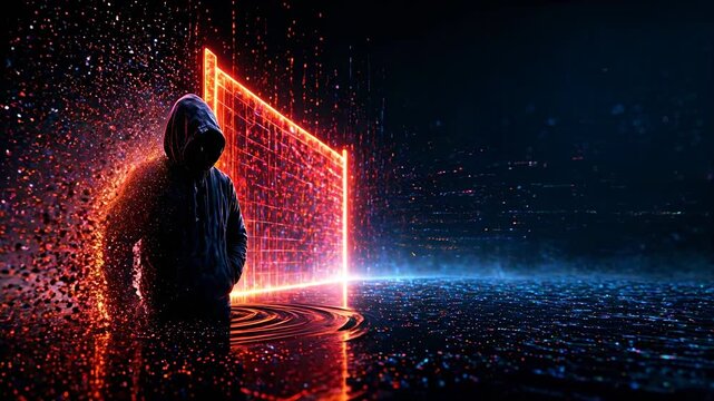 Hooded hacker silhouette near glowing firewall gate, cyber attack and digital defense concept, technology scene, animation.