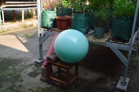 Looking down from a high right angle, this viewpoint captures a teal stability ball and white towel on a low timber desk next to a pink yoga mat leaning on greenhouse shelving.