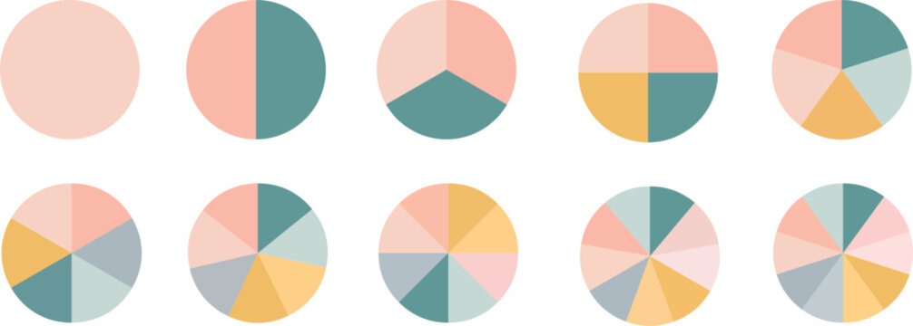 Pie chart set. Colorful diagram collection with sections or steps, segment of circle element icons collection for 1 2 3 4 5 6 7 8 9 10. Vector illustration.