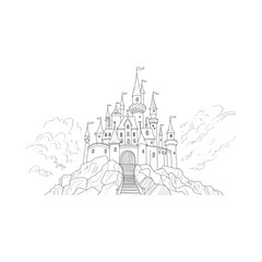 Castle sketch on a hill with clouds black and white line drawing © Ariful IBS