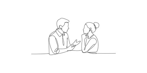 Obraz premium Continuous line drawing of a man and woman in conversation sitting at a table