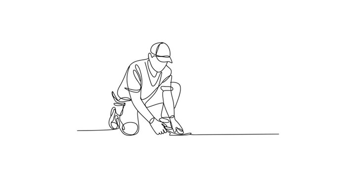 Continuous line drawing of a baseball player tying shoelaces on a white background