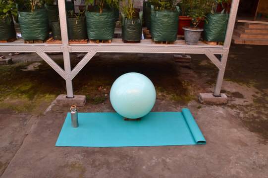Looking straight down from an elevated position, this shot highlights a blue yoga mat holding a steel flask and a teal exercise ball near a shaded home greenhouse stand.