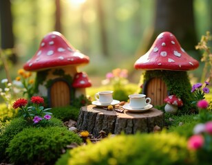 Fototapeta premium Whimsical fairy garden scene with mushroom houses, tiny teacups on tree stump, and colorful flowers. Enchanting miniature forest setting with rich green moss and soft sunlight.