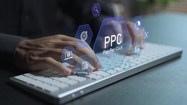 PPC pay per click advertising concept. Person typing keyboard with online advertising and analytics icons, digital marketing campaign, paid traffic and search engine marketing.