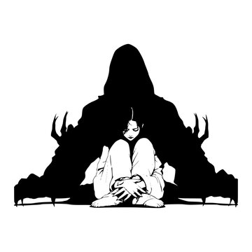 Shadow of Fear: A solitary figure huddled in despair, enveloped by the menacing silhouette of a shadowy entity, evoking feelings of dread and vulnerability.