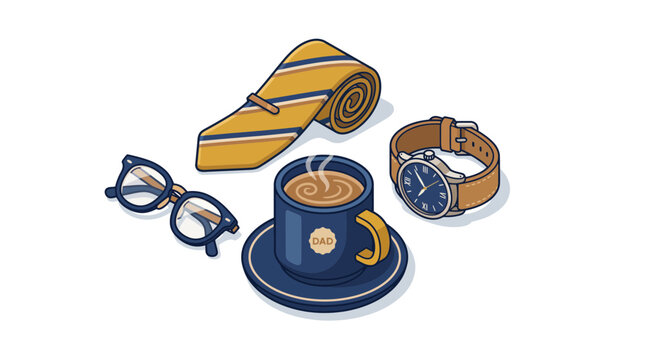 Isometric father day gift set, flat vector illustration of a coffee mug, necktie, watch, and glasses for dad theme