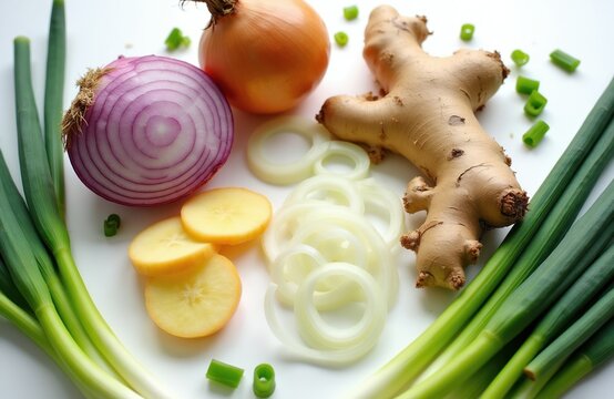 Red onion, yellow onion, sliced potatoes, ginger root, and green onions chopped for cooking. Fresh raw ingredients arranged on white surface for healthy meal preparation.