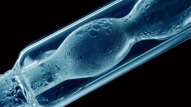 Big close up time lapse shot of blue fluid condensing on walls of the bulb lab condenser on a dark background