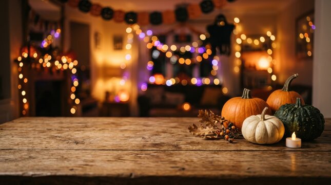 Cozy Halloween party room with pumpkins and string lights bokeh. Halloween concept.