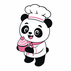 Fototapeta premium Cartoon panda bear chef holding cupcake.