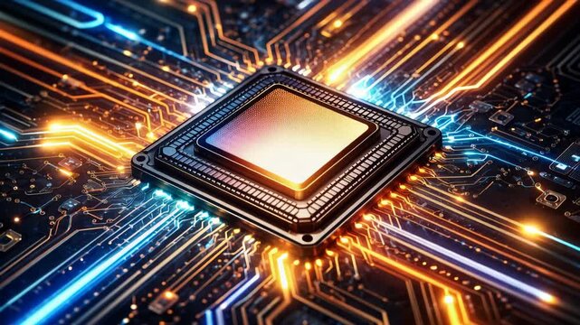 Close-up of a glowing microchip on a printed circuit board with vivid blue and orange signal traces, showcasing a high-performance processor and advanced digital circuitry