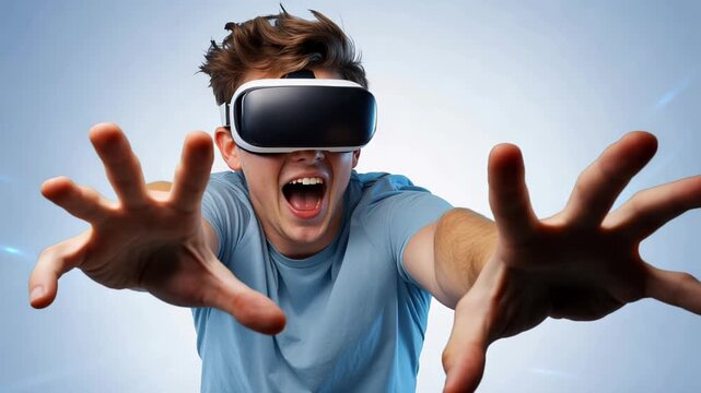 Young man wearing a virtual reality headset reaches forward with outstretched hands in an immersive VR experience, reacting with surprise and focus amid futuristic light effects