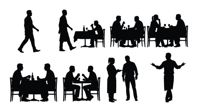 collection of restaurant staff and diners in black silhouette