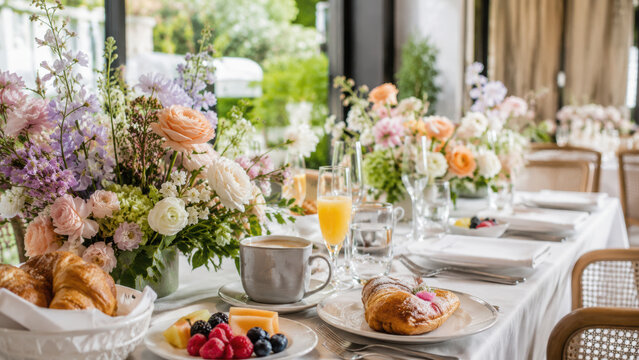 Elegant wedding brunch table set with fresh flowers, pastries, and beverages creates delightful atmosphere for special weekday celebration