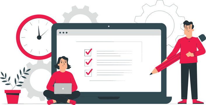 Business team managing tasks online with checklist on laptop screen time management and project scheduling vector illustration
