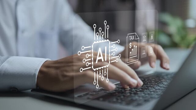 AI powered tax filing automation concept. Person using laptop with AI assistant and accounting icons, automated tax calculation, financial reporting and smart tax management.