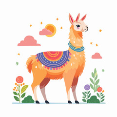 Fototapeta premium Cute Llama Illustration with Colorful Blanket and Flowers