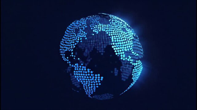 Blue digital planet earth composed of bright dots on a dark background