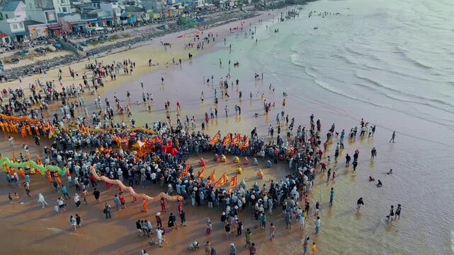 Aerial view of Cheo Ba Trao ritual team at Nghinh Ong Festival, Vietnam