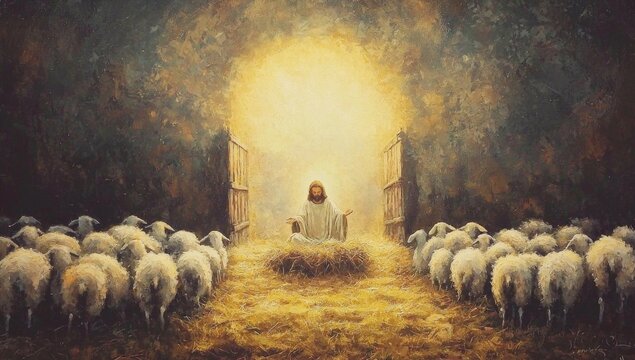 The calming presence of Jesus surrounded by sheep in a barn.