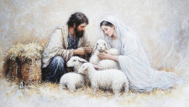 A tranquil nativity scene featuring iconic figures and animals.