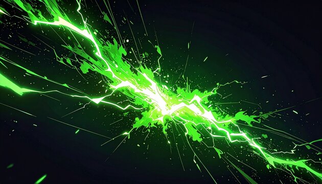 Abstract impact of toxic green glowing lightning sparks effects anime on plain black background