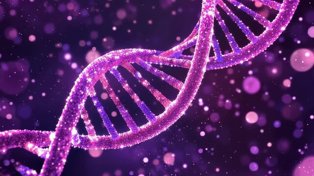 Close-up 3D visualization of a glowing purple DNA double helix strand with sparkling particles and glittering molecular detail in two video frames capturing structure and motion