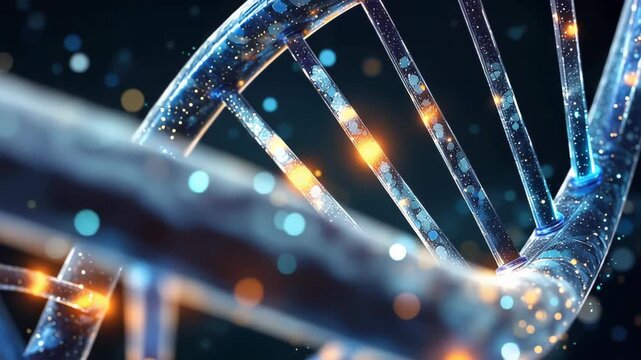 Cinematic close-up of a glowing DNA double helix with luminous base pairs and floating bokeh particles in blue and orange, symbolizing genetics and molecular science