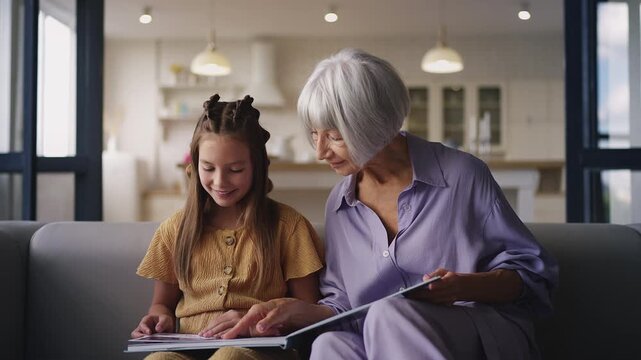Smiling girl and her granny looking at photos in album, sharing memories
