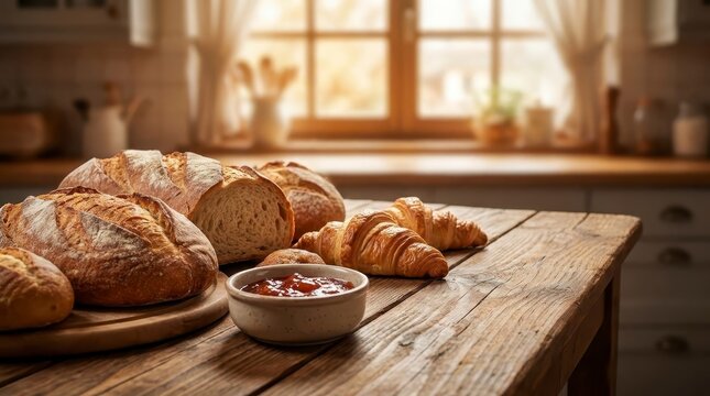 Fresh bread croissants and jam on rustic kitchen table