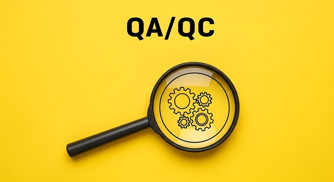 QA/QC quality assurance and control concept, magnifying glass over gear icons on yellow background, industrial process inspection and standards compliance