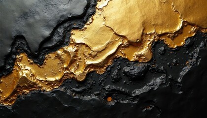 Obraz premium Abstract textured surface with contrasting black and gold elements. Organic shapes form a geological landscape with mineral like details and metallic sheen. High contrast pattern.
