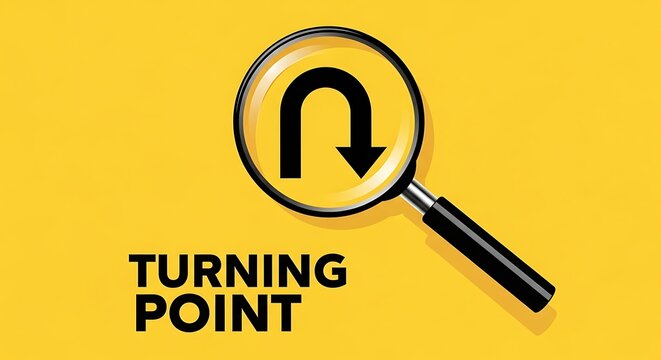 Turning point concept with u-turn arrow under magnifying glass, business strategy change on yellow background, life direction shift metaphor