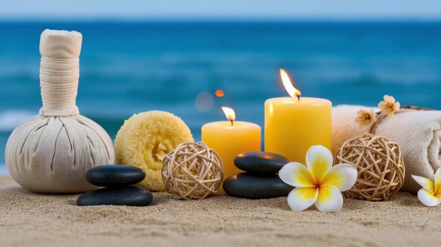 Spa treatment items arranged on sandy beach near ocean. Zen stone, burning candle, herbal compress and frangipani flower for wellness. Relaxation therapy concept.