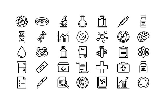 Stem Cell Laboratory. Line icon set of stem cell laboratory: stem cell cluster, petri dish, microscope, laboratory flask, test tube, syringe, injection vial, biotechnology helix, DNA strand, genetic