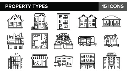 Fototapeta premium Property types icon set with 15 line icons, real estate building symbols, residential and commercial house vector