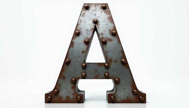 Metal letter A with rivets stands on white background. Industrial style, aged surface with rust. Uppercase character, bold, strong, raw design element.