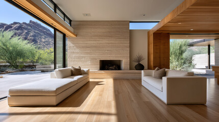 Fototapeta premium Modern desert living room with large windows, light wood floor, beige sofa, mountain view, and natural sunlight create serene atmosphere